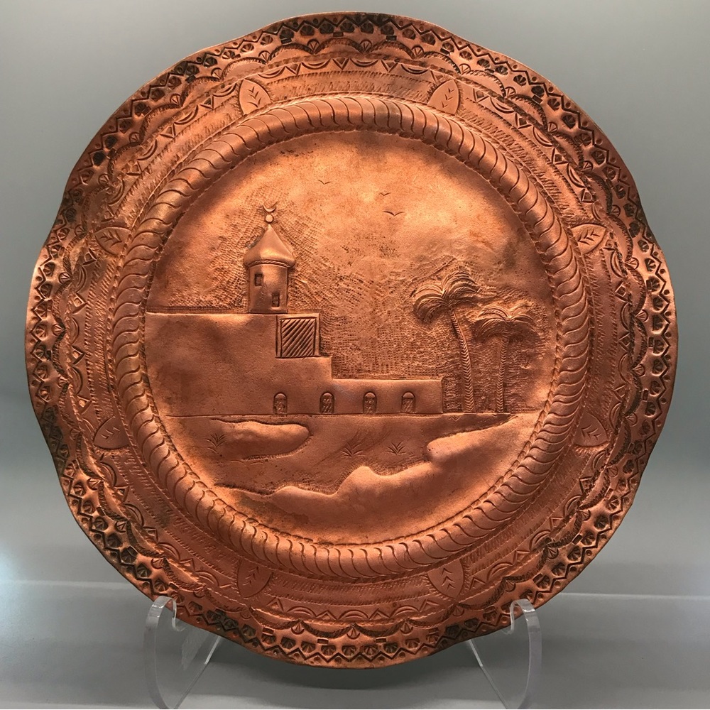 Unknown vintage Islamic madrassa or mosque on solid copper plate.
